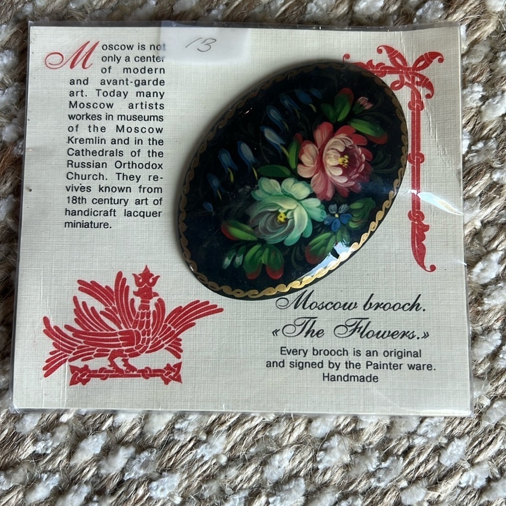 New Russian Hand Painted Lacquer Original “The Flowers” Moscow Oval Brooch